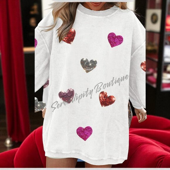 Soft Cozy Slouchy Ribbed Drop Shoulders Long Sleeve Hearts Oversized Sweatshirt - Picture 5 of 7
